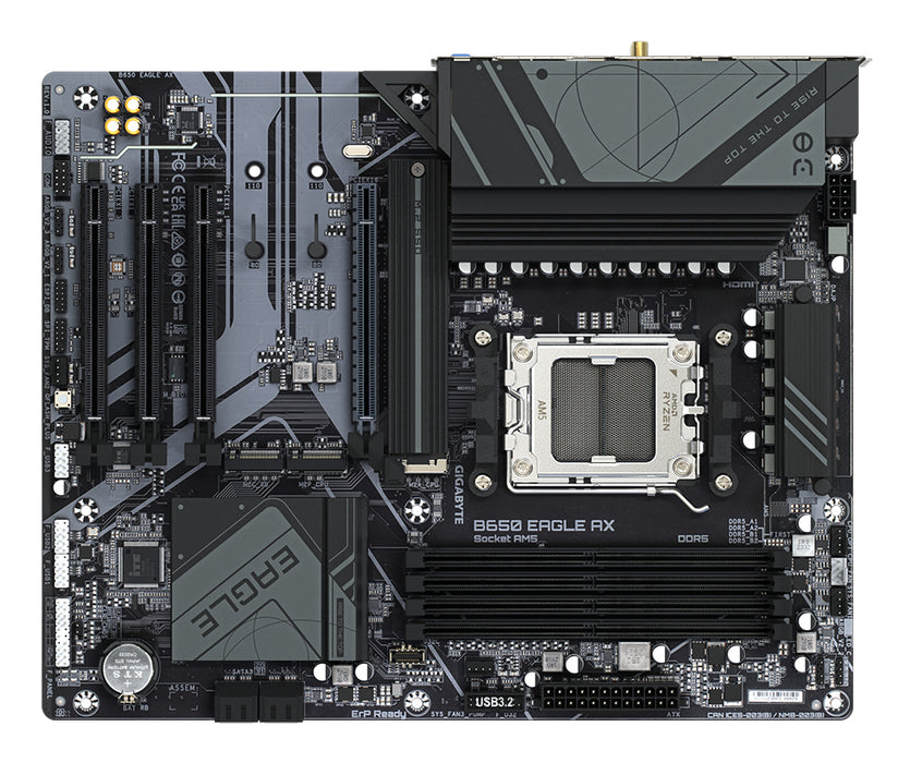 GIGABYTE B650 EAGLE AX Motherboard - AMD Ryzen 9000 Series CPUs, 12+2+2 Phases VRM, up to 7600MHz DDR5 (OC), 1xPCIe 5.0 + 2xPCIe 4.0 M.2, GbE LAN, WIFI 6E, USB 3.2 Gen 2