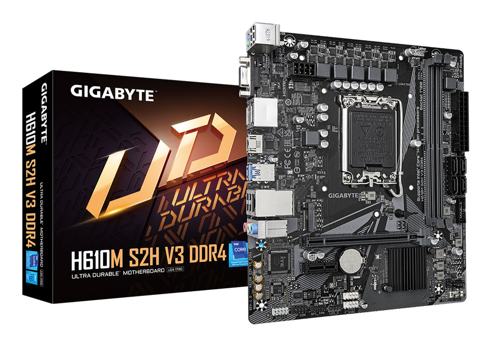 GIGABYTE H610M S2H V3 DDR4 Motherboard - Supports Intel Core 14th CPUs, 4+1+1 Hybrid Digital VRM, up to 3200MHz DDR4, 1xPCIe 3.0 M.2, GbE LAN , USB 3.2 Gen 1