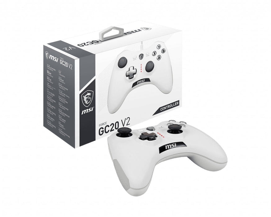 Comando de jogo MSI FORCE GC20 V2 BRANCO 'Pronto para PC e Android, com fio, capa D-Pad ajustável, motores de vibração duplos, design ergonómico, cabos destacáveis'