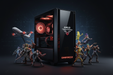 AMD THREADRIPPER MIDI TOWER PC SURROUNDED BY CHARACTERS FROM PC GAMES , FLIGHT SIMULATOR , WORLD OF WARCRAFT , BALDURS GATE , FORTNITE , LEAGUE OF LEGENDS , AMD THREAPRIPPER LOGO ON MIDI TOWER PC , DARK BACKGROUND WITH GAMEFORCE.IE LOGO IN WHITE
