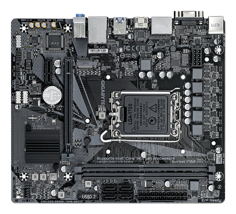 GIGABYTE H610M S2H V3 DDR4 Motherboard - Supports Intel Core 14th CPUs, 4+1+1 Hybrid Digital VRM, up to 3200MHz DDR4, 1xPCIe 3.0 M.2, GbE LAN , USB 3.2 Gen 1