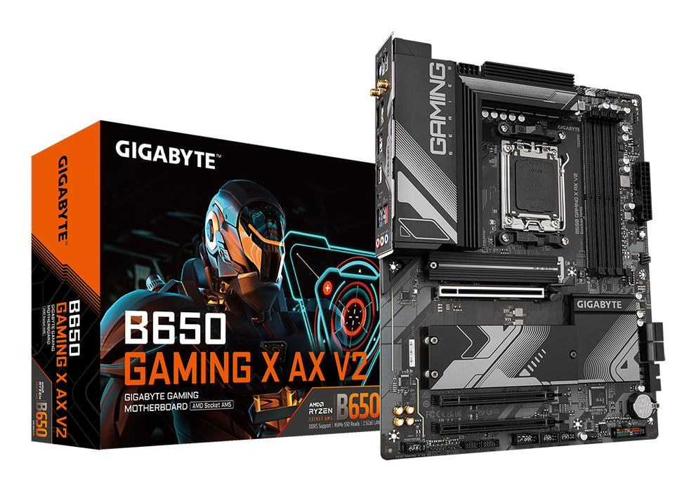GIGABYTE B650 GAMING X AX V2 Motherboard - AMD Ryzen 9000 Series CPUs, 8+2+2 Phases VRM, up to 8000MHz DDR5 (OC), 1xPCIe 5.0 + 2xPCIe 4.0 M.2, 2.5GbE LAN, WIFI 6E, USB 3.2 Gen 2