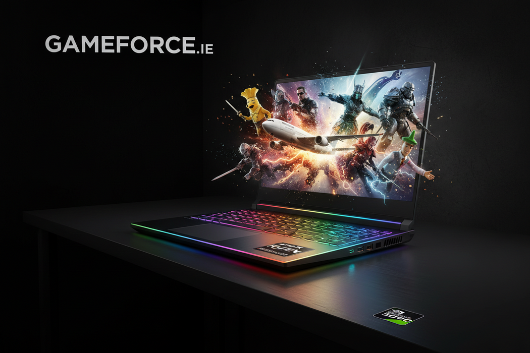 Gaming laptop with colorful display on a dark surface, featuring Gameforce.ie branding.